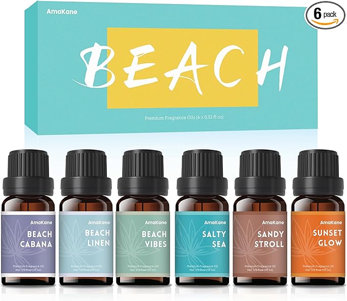 AmaKane Beach Fragrance Oil Set, Summer Essential Oils for Diffuser for Home, Candle Soap Making Scents, Beach Vibes, Sunset Glow, Linen, Salty Sea, Sandy Stroll, Beach Cabana, 6x10ml