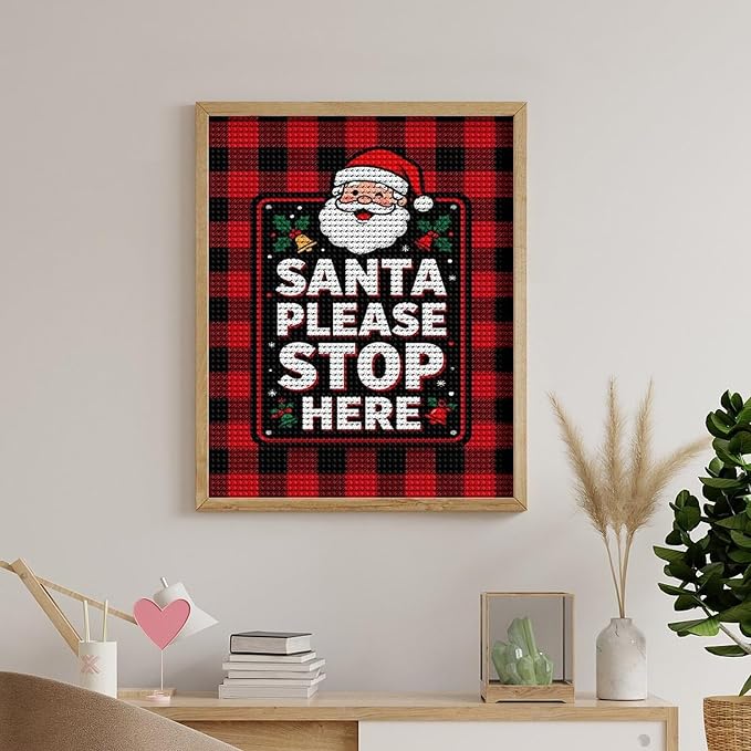 AIVKIEJK Diamond Painting Kits for Adults - Holly & Stars, Santa Please Stop Here Painting DIY 5D Full Drill Diamond Dots Paintings with Diamonds Gem Art and Crafts Home Decor 16"x20"