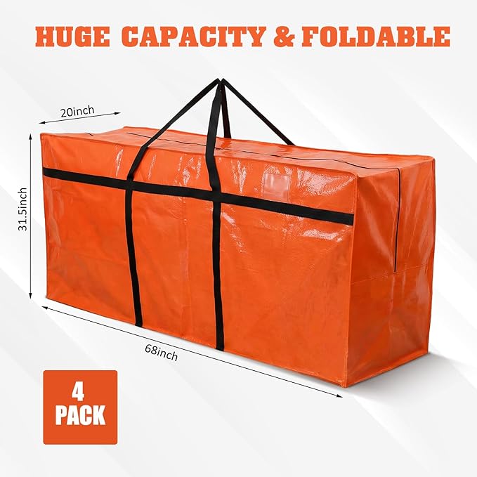 Windyun 4 Pack 177 Gallon Extra Large Moving Bags XXL Heavy Duty Storage Bag with Strong Zipper Handle Jumbo Big Tote Box Foldable for College Dorm Travel Clothes Duffle Blanket Pillow(Orange)