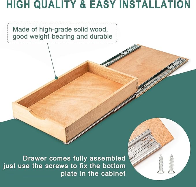 Pull Out Drawers for Kitchen Cabinets, Pull Out Cabinet Organizer, Fully Assembled Wood Cabinet Pull Out Drawer, Fast and Easy DIY Installation, 11”W x 21”D