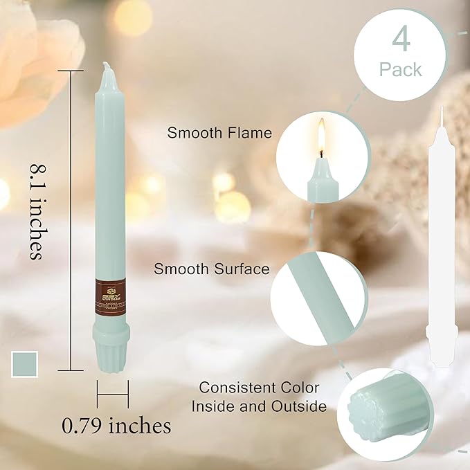 Fresh Mint Green Taper Candlesticks 8 Inch Handmade Smokeless Taper Candles 4 Pack Unscented Colored Candle for Home Wedding Dinner Holiday Party
