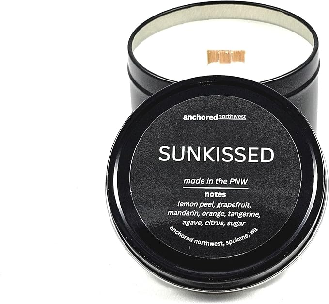 Anchored Northwest - Sunkissed Travel Tin Candle, 6oz Black Metal Tin, American Cedar Wood Wick, Hand Poured, Essential Oil Blend 100% Soy Wax, 35+ Hour Burn