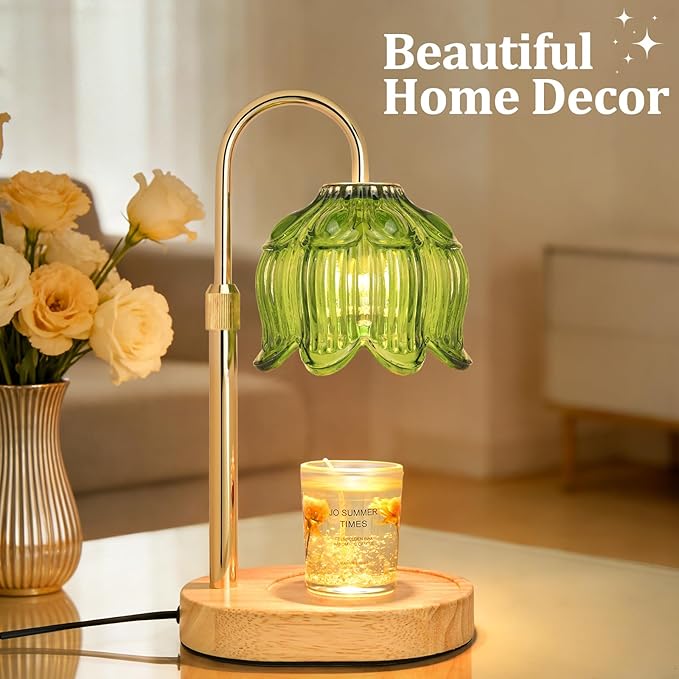 Flower Candle Warmer Lamp for Jar Candles with Timer & Dimmer, Adjustable Height Fits Large Jars up to 7.08" Tall, Flameless Wax Warmer, Cozy Bedroom Home Decor, Gift for Mom Women Green-01