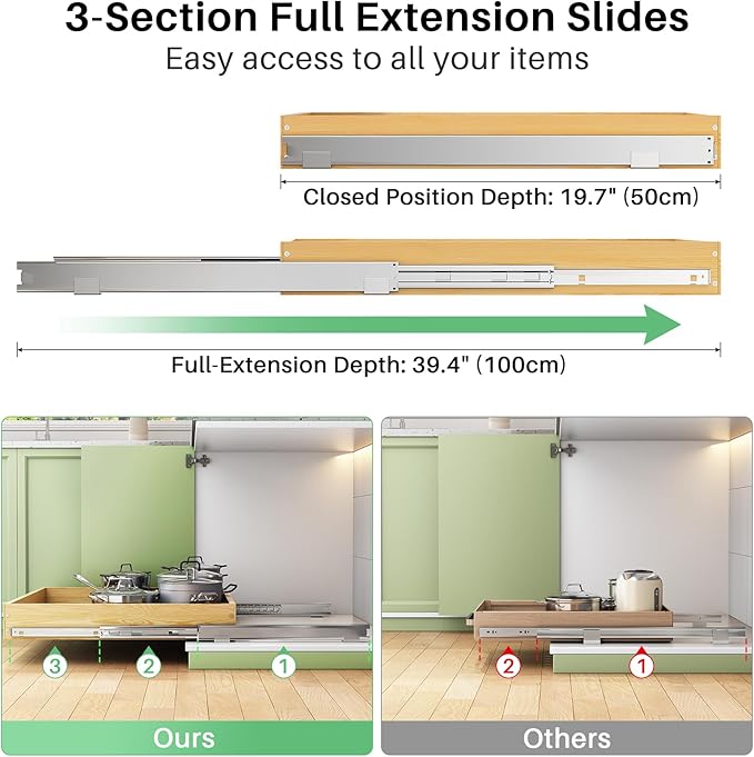 Pull Out Cabinet Organizer, Soft Close Wooden Slide Out Drawers for Pots and Pans, Full-extension Roll Out Shelves for Kitchen Cabinets, Pantry Organization, Bottom & Side Mount(15"W X 21"D x 3.4''H)