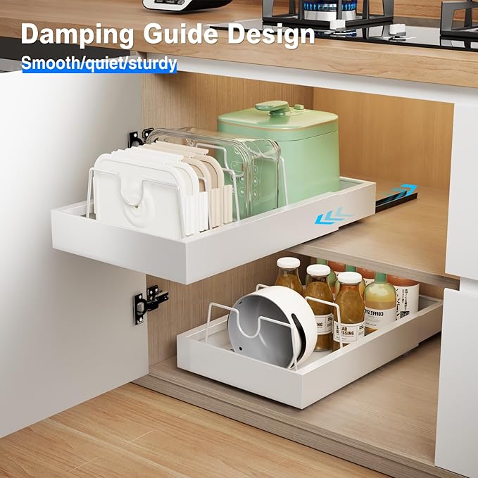 2 Pack Pull Out Cabinet Organizer with 8 Dividers,21.8" Deep Slide Out Drawers for Cabinets Adhesive Pull Out Drawers Heavy Duty Pull Out Shelves for Kitchen, Cupboard, Pantry, Bathroom-White