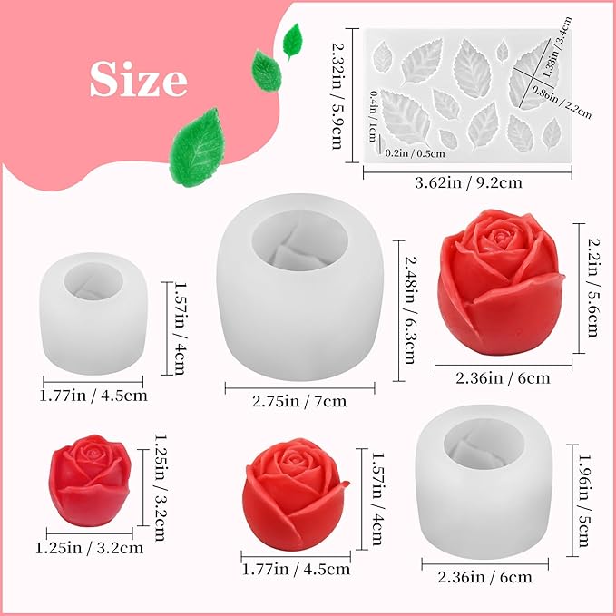 4 Pack Rose Candle Molds with Leaf Mold, Set of Large + Medium + Small 3D Rose Flower Silicone Molds for Candles Making Epoxy Resin Casting Handmade Soap Clay Plaster Home Décor Mom Gift