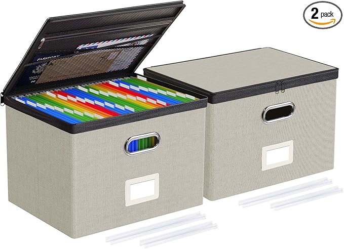 Oterri File Organizer Boxes with Lids, File Box with Mesh Pockets, Document Organizer Box for Letter Size Folders, Zippers Important Document Organizer (Beige, Large-2 Pack Without Folders)