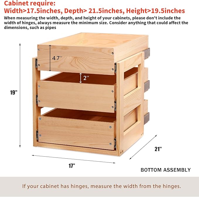 Mulush Pull Out Drawers For Cabinets, 17''W×21''D×19''H Soft Close Slide Out Wood Shelves Storage Organizer for Kitchen, 3-Tier, Finished, Heavy-Duty, Bottom Assembly