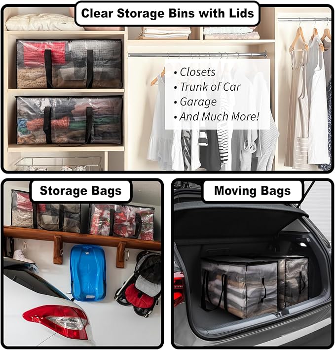ClearSpace Oversized Moving Bags or Storage Bag – Large Moving Boxes with Backpack Straps, Zippers & Handles – Heavy-Duty Packing Bags for Moving, College Dorm, Christmas Decorations, 8 Pack