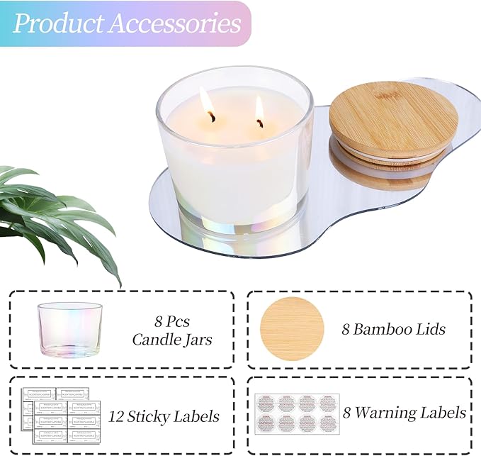 CONNOO 8 Pack 12 oz Iridescent Glass Wide Mouth Candle Jars for Making Candles with Airtight Bamboo Lids, Nice Sticky Warning Labels for Candle Making, Empty Container Bulk - Dishwasher Safe