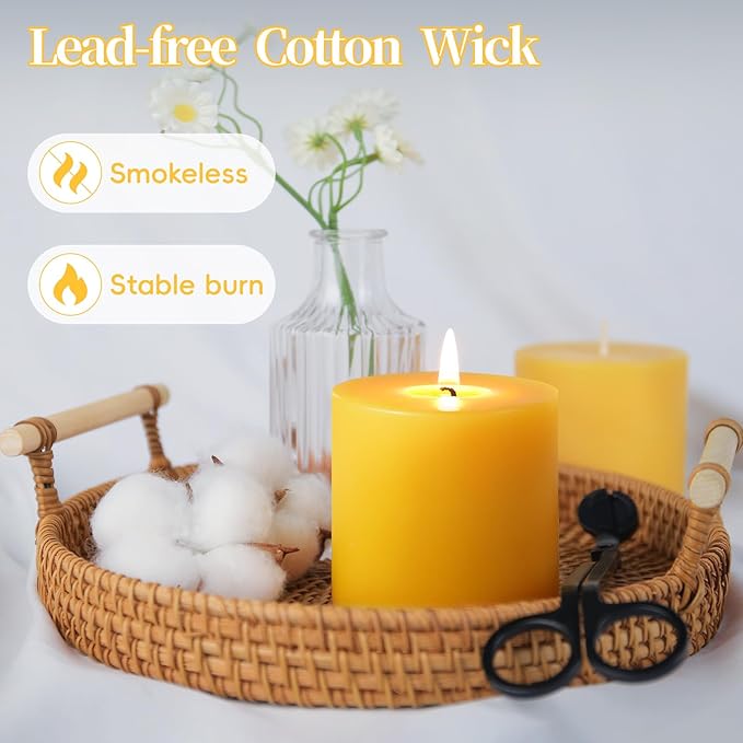 4 Pack Natural Beeswax Pillar Candles,100% Pure Beeswax Candle,200 Hours Long Burning Smokeless Organic Bees Wax for Home, Bee Pillar Candles Bulk for Relax, Emergency, Non-Toxic & Unscented