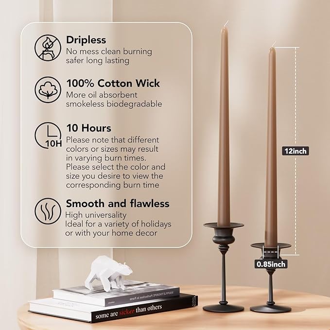 12-Inch Tall Dripless Taper Candles Set of 4 - Taupe Tapered Candles, Perfect for Spring - Smokeless, Unscented, Long Burning - Hand Poured, Colored Tall Candlesticks - Gray
