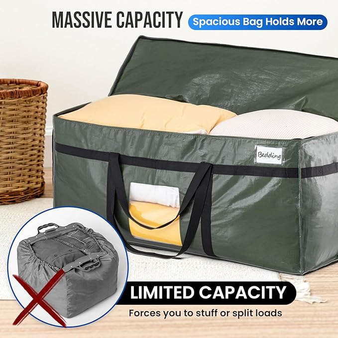 TAILI 69 Gallon Extra Large Storage Bags, XXL Green Heavy Duty Moving Bags For Storage with Visible Window, Wrap Around Handles, Totes for Space Saving, Alternative to Moving Boxes (2 Pack)