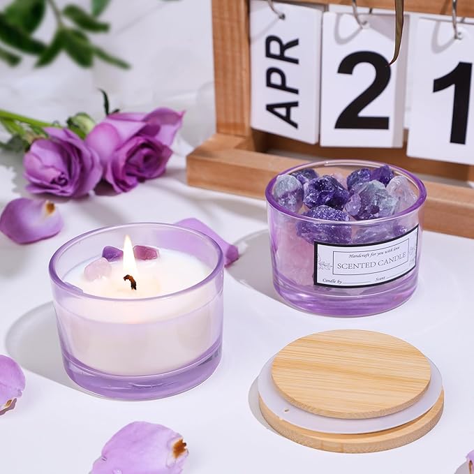 CONNOO 15 Pack 4 OZ Purple Glass Candle Jars with Airtight Bamboo Lids for Making Candles, Bulk Small Wide Mouth Empty Candle Containers with Sticky Warning Labels - Dishwasher Safe, Lavender