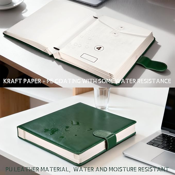 JOYCE Important Document Organizer, 14 Expandable Pockets, 13 Card Slots, for A4 Paper/Letterhead/Cards, with 2 Label Stickers, Suitable for Home, Office, School Use (Olive Green - Leather)