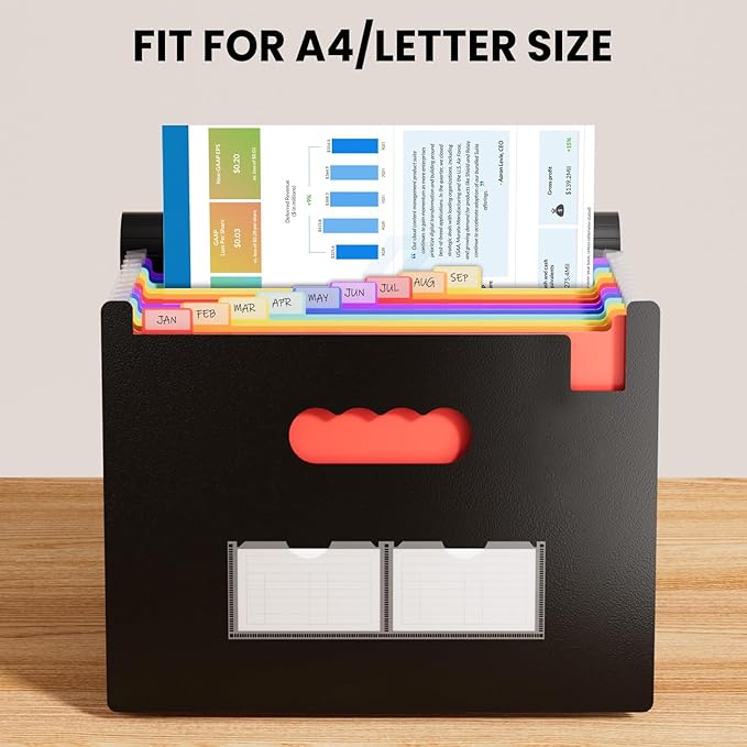 Sooez Accordion File Organizer, 13 Pockets Expanding File Folders, Portable Monthly Paper Bill Tax Receipt Organizer, Letter A4 Size Document Holder with Blank Labels