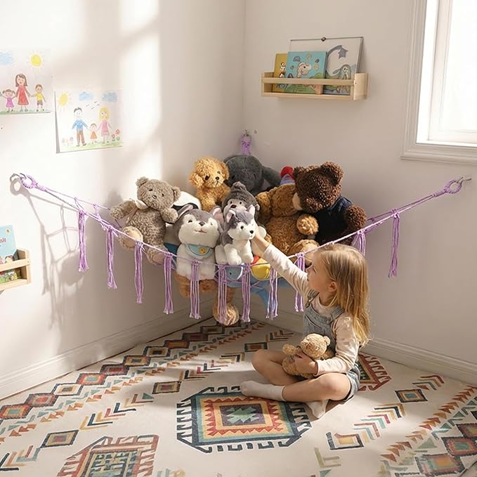 YKBU Stuffed Animals Hammock Corner Hanging Net for Macrame Stuffed Animal Storage Plush Toy Holder Toy Organizer for Boho Nursery Playroom Bedroom (purple, Large)