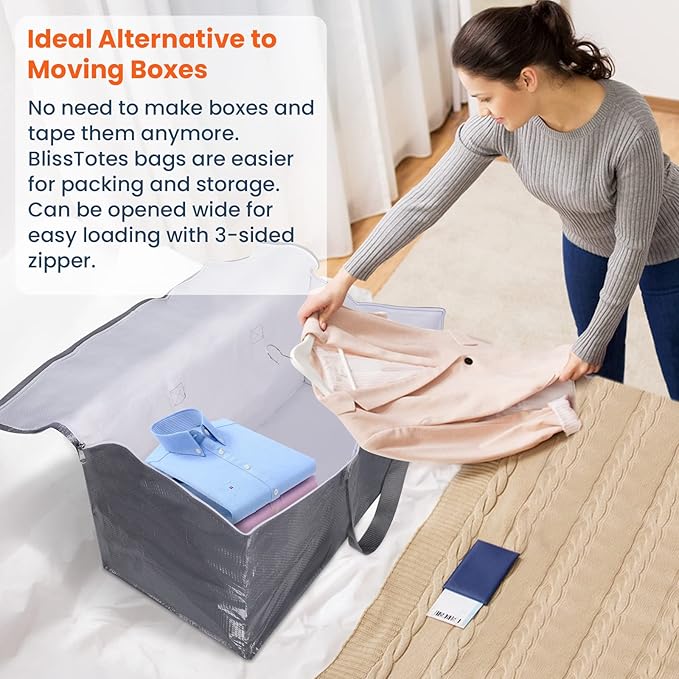 BlissTotes Large Moving Boxes and with Zippers & Handles Moving Supplies with lids, Heavy Duty Totes for Storage Bags for Space Saving, Fold Flat, Moving and Storing, 93L, 10 Pack
