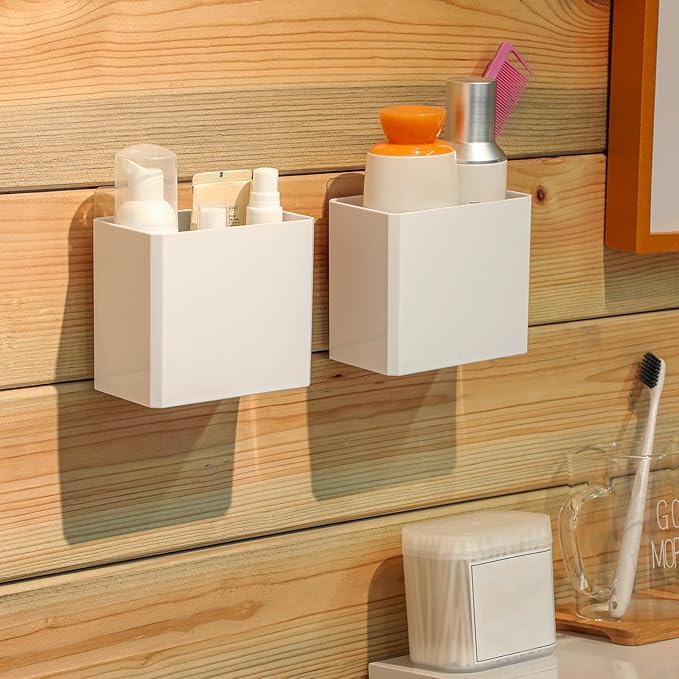 Suclain 8 Pcs Wall Mounted Organizer Non-Drilling Adhesive Floating Shelf White Wall Bin Organizer Hanging Storage Containers for Bedroom Bathroom Kitchen Office