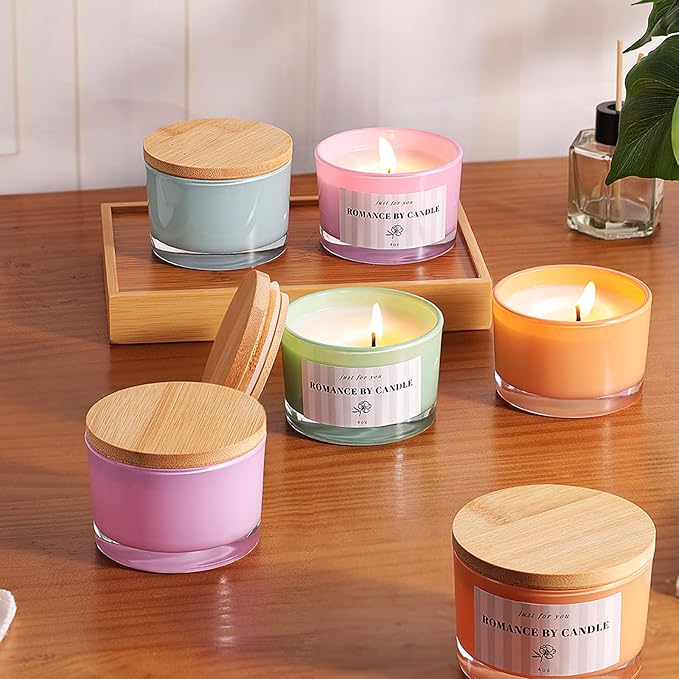 REISEN 12 PCS Assorted-Color Candle Jars for Making Candles, 4 OZ Glass Jars with Bamboo Lids and Sticky Warning Labels, Candle Containers for DIY Gifts, Candle Making Supplies