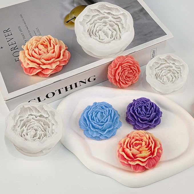 3 Pcs Peony Candle Mold for Candle Making, Set of Large + Medium +Small 3D Peony Flower Silicone Molds for Epoxy Resin Casting Wax Soap Clay Plaster Home Décor Handmade Gift