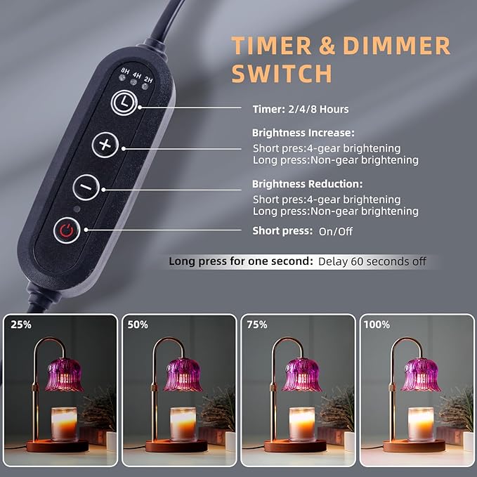 Candle Warmer Lamp with Timer: Dimmable Candle Warmer Lamps Height Adjustable Purple Flower Candle Lights
