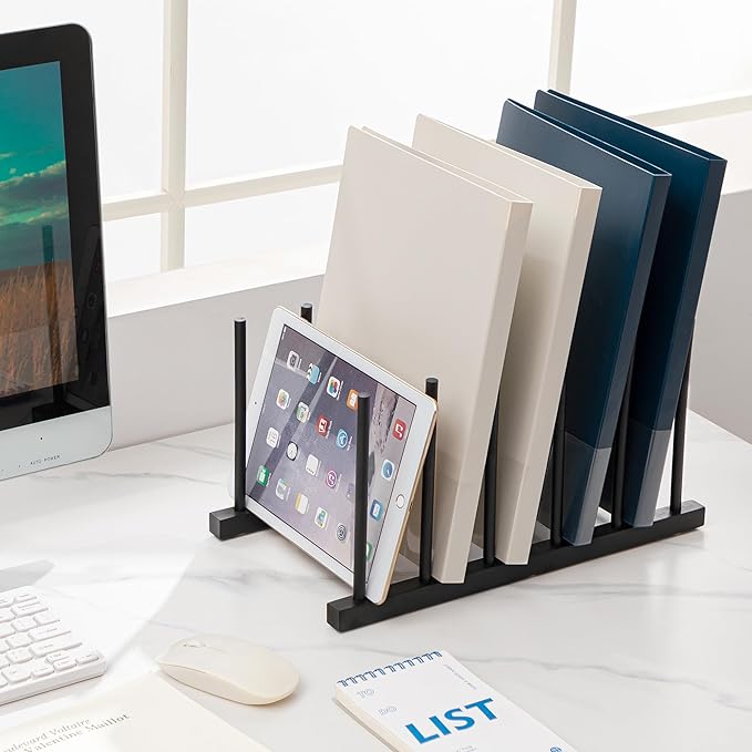 HBlife Black Desk File Organizer 5 Section Vertical File Sorter, 2 Pack Bamboo Binder & Folder Holder for Home, Office & School