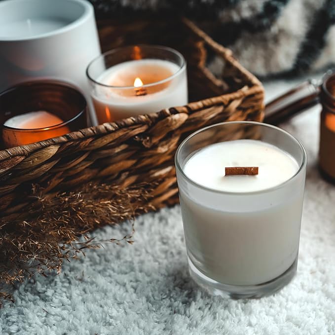 SHOWIN 14 OZ Thick Candle Jars for Making Candles 12 Pcs, 3 Wick Empty Jars with Wood Lids for Candle Making, Sample Container,Clear Grey