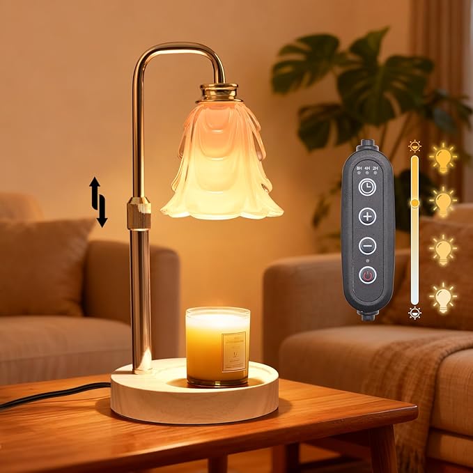 Flower Candle Warmer Lamp with Timer and Dimmer 4-Level Dimmable Adjustable Height Light Heat Lamp for Jar Candles Modern Cute Home Decor for Living Room Bedroom Gold-Flower