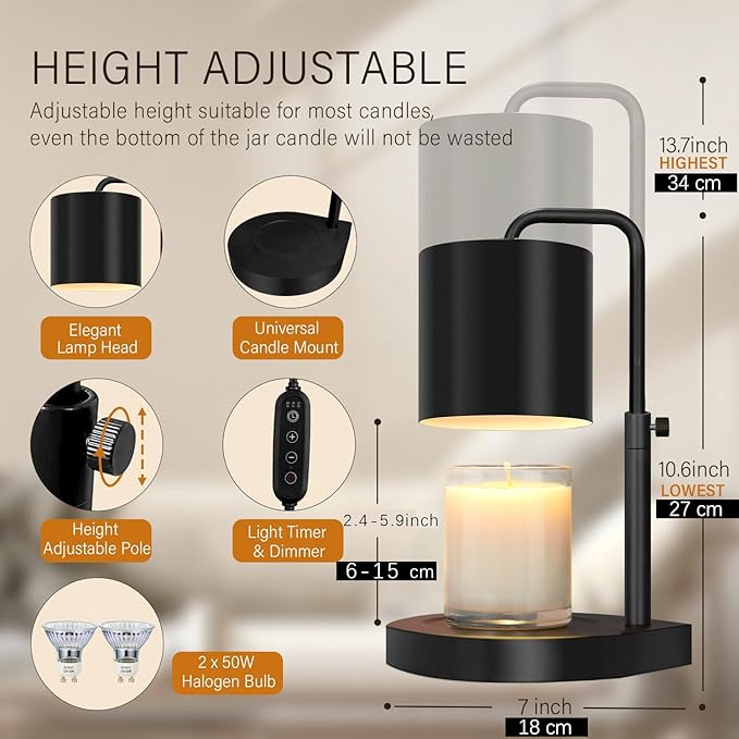 zukakii Candle Warmer Lamp Adjustable Height Dimmable with Timer Large Jar Candles Compatible - No Flame Scented Wax Warmer with 2 Bulbs - Mothers Day Gift - Black