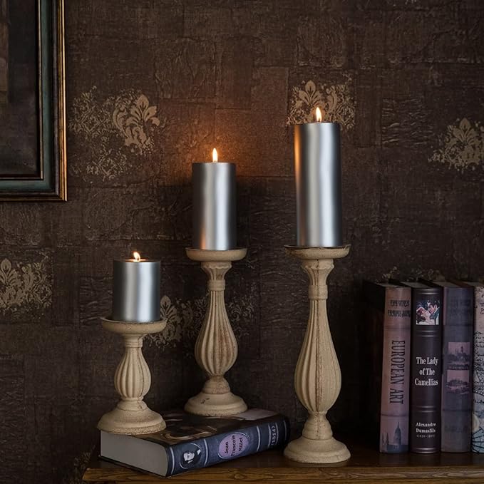 MOZEAL 3" x 4" Hand-Poured Unscented Candle,Dripless Pillar Candle Set of 3,Long Clean Burning,Approx 72 Hours Burn Time,Rustic Country Style,Wedding,Dinner,Christmas and Home Decor,Silver