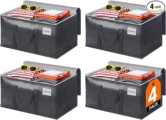 ElegantArray 4 Pack Moving Bags Heavy Duty, Moving Boxes, Storage Bags with Zipper & Handles & Tag for College & Dorm Moving Supplies Grey Laundry Hamper Bag, Foldable Space-saving Totes (93L, Grey)