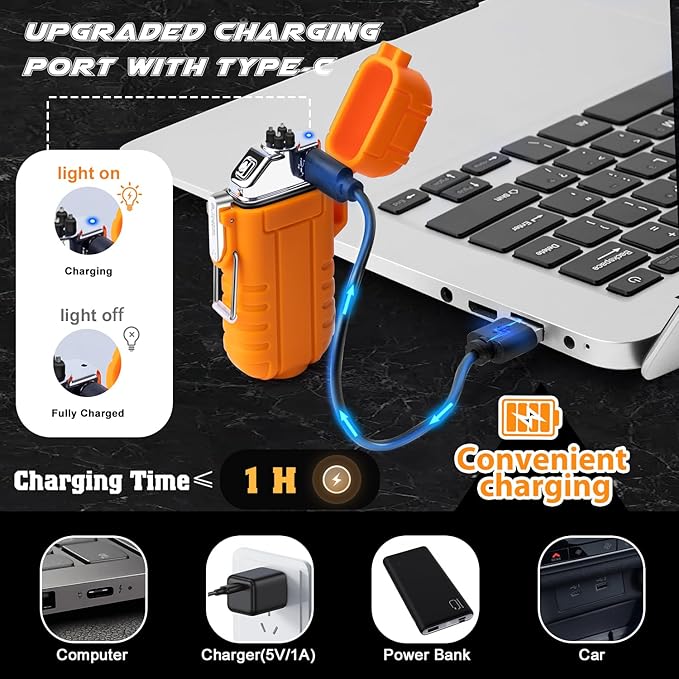 LcFun Arc Plasma Waterproof Lighter Electric Windproof Lighter USB Type C Rechargeable Flameless Cool Lighters with Flashlight for Camping, Survival,Outdoor Adventure, Tactical (Orange)