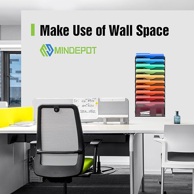 MINDEPOT 11 Tier Wall File Holder Hanging Wall Mount Paper File Organizer for Mails Folders Document Magazine Organization, for Office School Home, Black