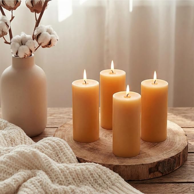 Natural Beeswax Candles 4 Packs, 100% Pure Beeswax Pillar Candles with 140 Hours Long Burning Time, Organic Bee Wax Candle for Home, Paryer, Parties Smokeless & Dripless, 2x4 inch