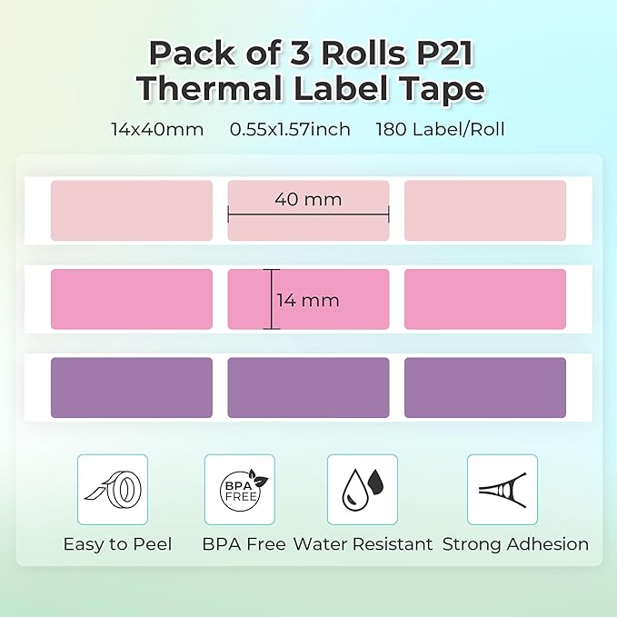 NELKO Genuine P21 Label Maker Tape, Adapted Label Print Paper, 14x40mm (0.55"x1.57"), Standard Laminated Office Labeling Tape Replacement, Multipurpose of P21, 180 Tapes/Roll, 3-Roll, Purple/Rose/Pink