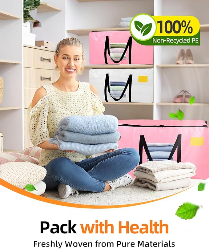 Extra Large Moving Bags, 4 Pack Heavy Duty Storage Bags Boxes Bins Totes with Hnadles Zippers Visible Window for Clothes College Dorm Travel, Pink