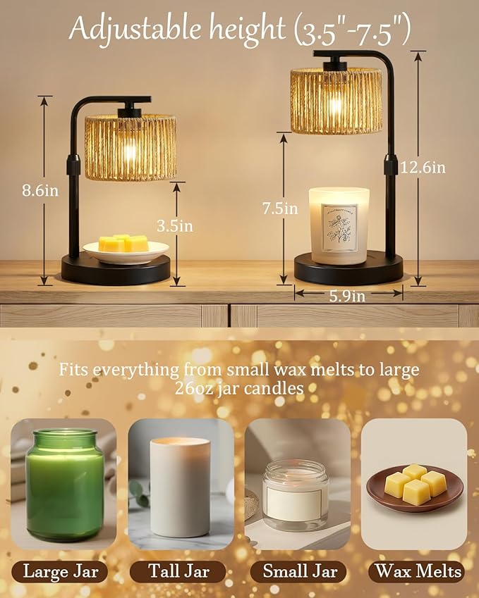 Candle Warmer Lamp, Timer Dimmable Candle Lamp, Adjustable Height and Brightness Black Candle Warmer, Boho Rattan Lampshade and 2 Bulbs, Suitable for Home Decor, Birthday Gifts for Women Mom
