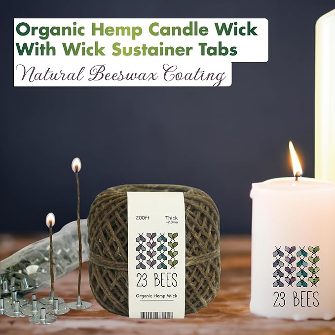 100% Organic Hemp Candle Wick 2.0mm Thick + Wick Sustainer Tabs 200pcs for Candle Making, 23 Bees, European Imported Hemp Spool 200ft with Natural Beeswax Coating