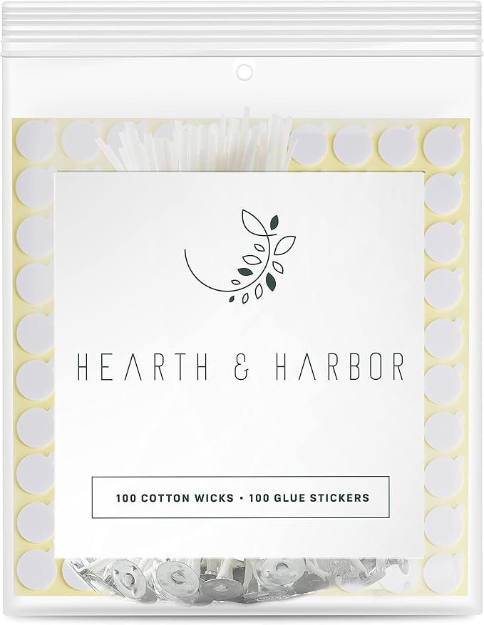 Hearth and Harbor Candle Wicks for Candle Making and Adhesive Candle Wick Stickers, 100 6-Inch Cotton Wicks + 100 Double-Sided Heat Resistant Candle Stickers
