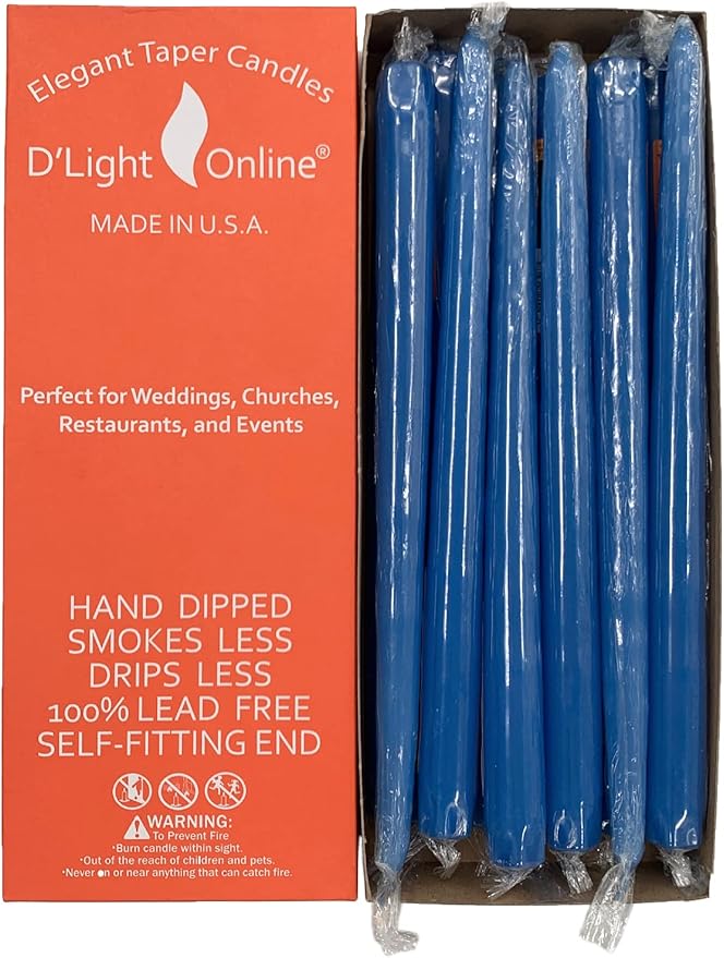 D'light Online Elegant Unscented 12" Medium Royal Blue Taper Candles Premium Quality Hand-Dipped Tapered Candles, Dripless and Smokeless - Set of 12 Individually Wrapped (12 Inch, Medium Blue)