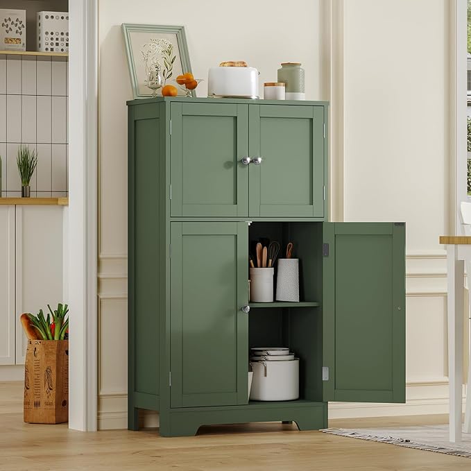 TEENFON Bathroom Cabinet, Narrow Bathroom Storage Cabinet with 5 Adjustable Shelves & Drawer, Freestanding Cupboard for Small Spaces, Green