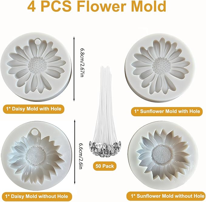 54Pack Silicone Flower Mold for Candles Set, 4pack Daisy Sunflower Molds with 50 Wicks for Handmade Soaps, Bath Bombs, Resin,Gift Making for Valentine and Mother's Day