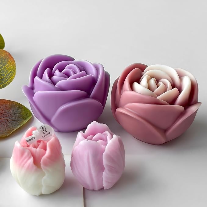 2 Pack Tulip Flower Peony Rose Succulent Cylinder Candle & Resin Mold - Resin Casting Silicone Molds for Home Decor & Candle Making Wave Spiral Mold