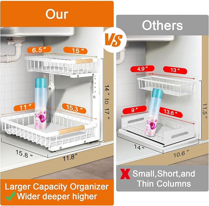2 Pack Under Sink Organizers and Storage, Adjustable Height,2 Tier Pull Out Under Cabinet Organizer with 2 Hanging Cups and 6 Hooks,Slide Out Thickened Metal Undersink Organizers for Kitchen Bathroom