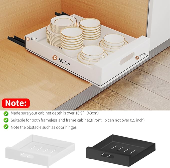 2 Pack Pull Out Cabinet Organizer Adhesive, 12" Wide,16.9" Deep Heavy Duty Slide Out Drawers for Face Frame or Frameless Cabinets, Roll Out Cabinet Organizer for Kitchen Organizer, Bathroom,Pantry