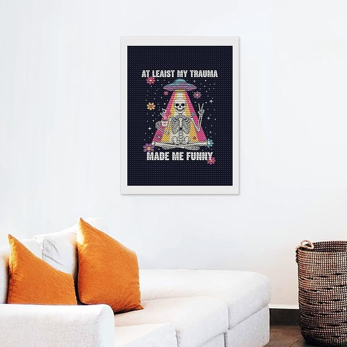 KIVJMSIDJA Diamond Art Kits for Adults Skull Skeleton “At Least My Trauma Made Me Funny” DIY Round Diamond Art for Home Wall Decor & Crafts Gifts 12"x16"
