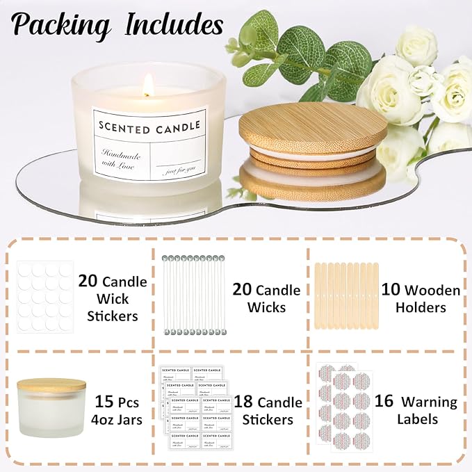SUPMIND 4oz Candle Jars for Making Candles, 15 Pack Small Frosted Glass Empty Candle Jars with Bamboo Lids and Wick Kit, Mini Wide Mouth Candle Container Bulk, Ideal for Candle Business Owners