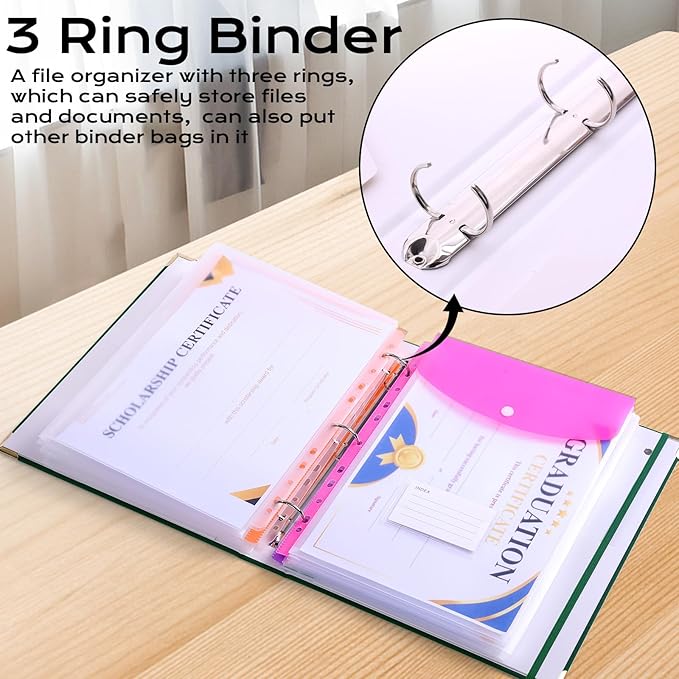 XKDOUS Important Document Organizer Folio Folders with 9 Pockets 3 Ring Linen Binder Organizer Expanding Storage Documents Holder with 9 Pockets and Labels for Papers, Files