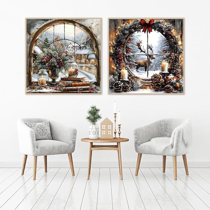 NEGEKFKX 2 Pack Christmas Paint by Numbers Kit for Adults Beginner with Framed,Deer Easy Adult Paint by Number Kits on Canvas DIY Painting for Beginners Art by Numbers for Home Wall Decor 10x10Inch